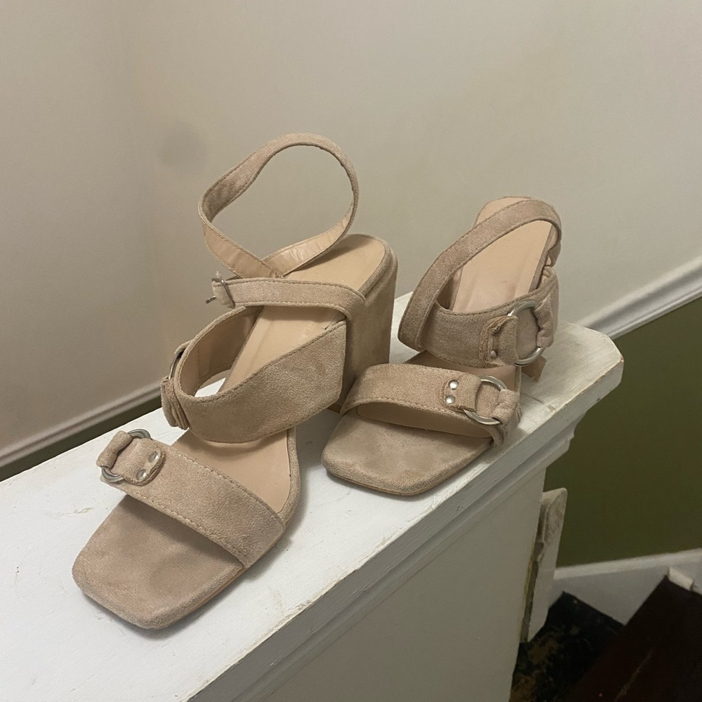 Tan Strappy Sandals with Block Heel